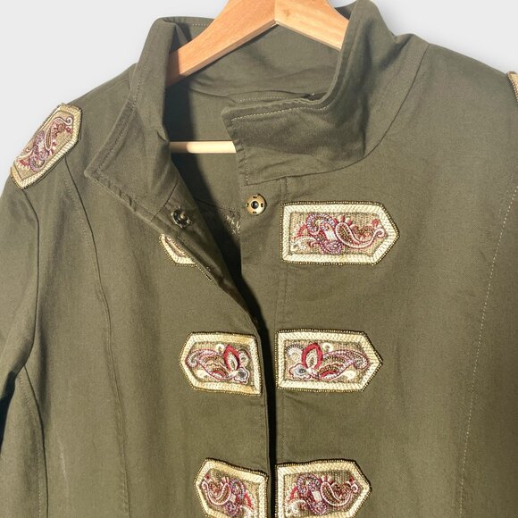 Chico's Quilted Military Jacket Sz 3 / XL Olive Green Embellished Baroque EUC - Picture 3 of 11